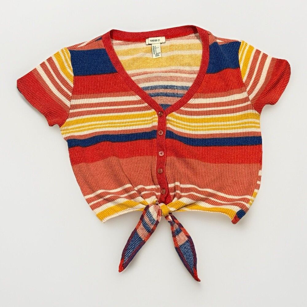 Hippie Boho Striped Short Sleeve Buttoned Knotted Crop Top S, Forever 21